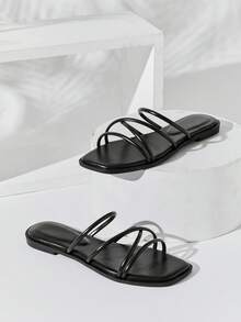 SHUZIA #SummerEssential Women's Square Toe Multi-Strap Premium Faux Leather Black Slide Sandals – Minimal, & Comfortable - Black - View 5