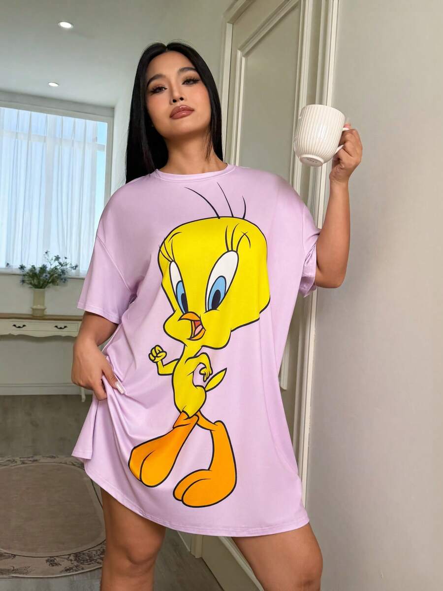 LOONEY TUNES X SHEIN Plus Size Women's Summer Fall Autumn Y2k Cleanfit Atry Chic Cute Dreamy  Retro Vintage Casual Vacation Vibe Back To School Clothes  Kawaii  Streetwear Letter & Cartoon Tweety  Pattern Graphic  Purple  Loose Fit Nightgown, Summer Tweety Bird Nightgown Cartoon Nightgown Moomoo Nightgown - Purple - View 1