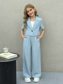 Firerie Kids Firerie Kids 少女条纹翻领短袖外套和直筒裤休闲套装 - 淺藍色 - 查看 17