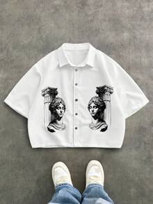 Manfinity Unisex 男士时尚罗马肖像印花衬衫 - 白色 - 查看 2