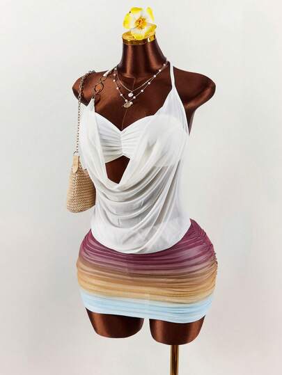 Amplova 2-delat set med romantisk semesterklänning i mesh med genomskinlig och tonad kjol för kvinnor