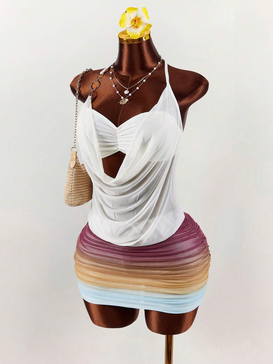 Amplova 2pcs Women's Romantic Vacation Low-Cut Mesh Sheer Gradient Skirt Set - Multicolor - View 1