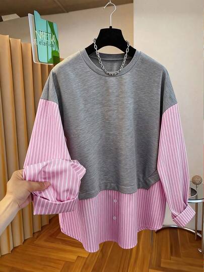 Franclia 条纹拼接休闲简约焕新圆领卫衣