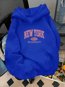 Mujer Sudadera Casual Letra New York Brooklyn Estampado Urbano Oversize con Capucha Manga Larga Primavera Otoño Invierno Uso Diario Moda Sudadera - Azul - Ver 1