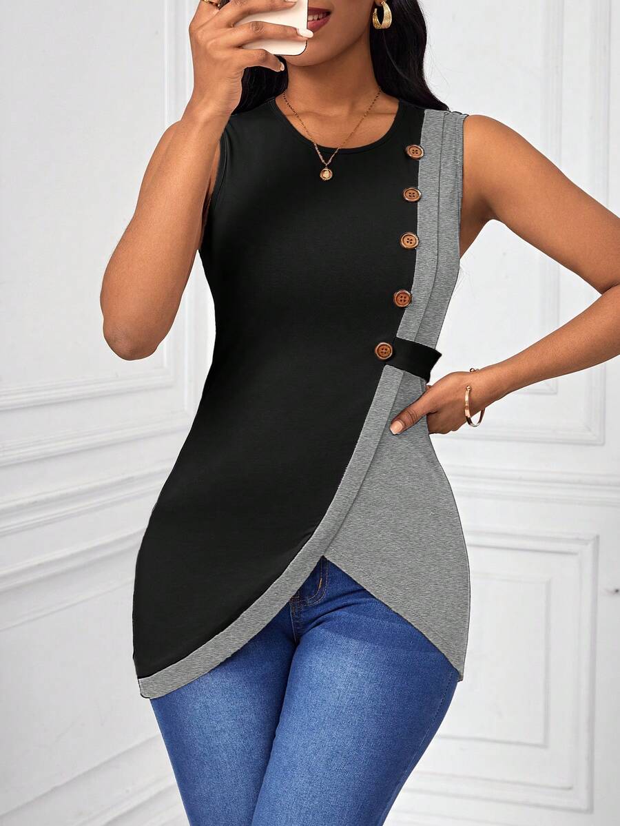 SHEIN Lady 女士休闲拼色裹身背心 - 灰色 - 查看 1