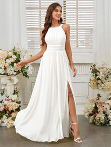 SHEIN Belle Halter High Slit Waist Bridesmaid Dress (Adult) - White - View 7