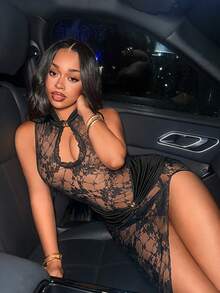 BamGleam Black Sleeveless Keyhole Neck Textured Pattern Lace Sheer Maxi Dress For Women Sexy Bodycon With Split Thigh Detail - Black - View 3