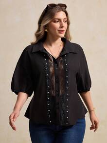 Elegantrix Plus Size Women's Spring/Summer Lace Patchwork Beaded Drop Shoulder Casual Blouse - Black - View 4