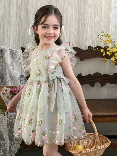 LMoss Kids LMoss   Young Girl Chiffon Floral Ruffle Hem Casual Dress,,فستان,تنوره,فساتين بنات,ملابس اطفال,,Prom Dress,Summer Clothes,Suitable For Everyday Life, Parties, Birthdays, And Celebrations In Spring And Summer.