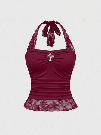 Gothic Y2K sexy Kontrast Spitze Trägertop mit geraffter Taille und Bodycon Design