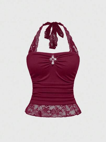 Gothic Y2K Sexy Contrast Lace Halter Crop Top With Cross Waist Ruched Bodycon Design