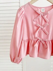 SHEIN LMoss Kids 女童纯色系带长袖简约休闲衬衫 - 淺粉色 - 查看 3