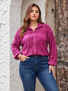 SHEIN LUNE Camicia in velluto con texture morbida, polsini elastici e bottoni a conchiglia, adatta per Thanksgiving, Capodanno e feste invernali - Fucsia - Visualizzare 4