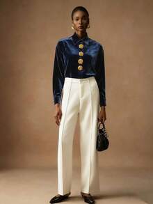 Vesra 优雅丝绒金扣女士衬衫 - 藏蓝色 - 查看 6