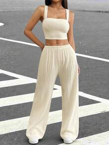 SHEIN EZwear Solid Crop Cami Top & Wide Leg Pants Two Pieces Set - Apricot - View 5