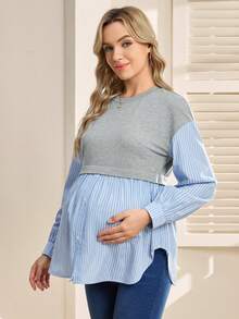 SHEIN 条纹拼接休闲舒适孕妇卫衣 - 淺灰色 - 查看 3