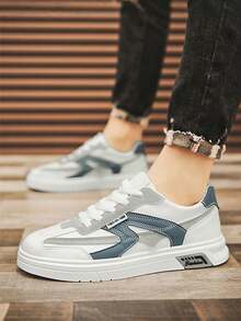 Zapatos casuales versátiles con bloques de color para hombres, zapatos de patineta de moda para hombres, zapatos casuales con cordones con bloques de color, zapatos deportivos casuales de PU para hombres, zapatos de skate clásicos para hombres, adecuados para estudiantes y adolescentes, adecuados para deportes, fotografía de viajes y ropa casual diaria. - Blanco y azul - Ver 2