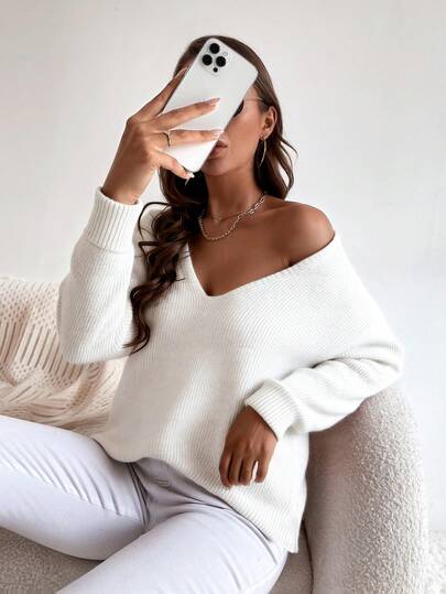 Blusa de Punto para Mujer con Escote V, Corte Amplio y Estilo Casual Fashion