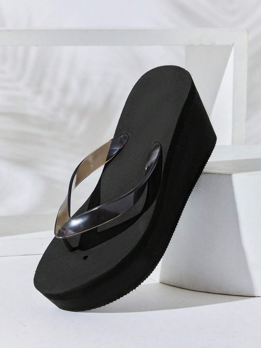 Solezae Women's Thong Straps Wedge Platforms EVA Slide Sandals - Black - View 1