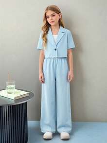 Firerie Kids Firerie Kids 少女条纹翻领短袖外套和直筒裤休闲套装 - 淺藍色 - 查看 14