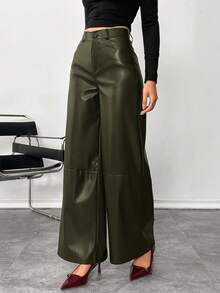Siren Gaze Women's Leather Women Pants Plain Front-Button Minimalist Casual Pants, Daily Wear, Women Bottoms Spring Elegant