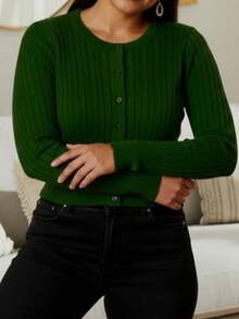 Suéter de mujer estilo casual tejido acanalado elástico ajuste entallado cuello redondo manga larga otoño invierno oficina suéter - Verde militar - Ver 2