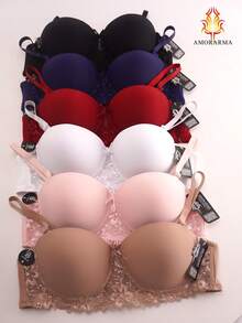 Sujetadores cotidianos para mujeres de talla B -  6 piezas en 6 colores, con diseño de volantes de encaje en los lados laterales. Son cómodos, con banda elástica de gran elasticidad, soporte ascendente, armazón y tirantes ajustables - Multicolor - Ver 12