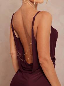 Lumalex Women's Sexy Backless Mini Dress Burgundy Knitted Fabric Round Neck Sleeveless With Chain Detail Sexy Date Night Dress Open Back Dress Low Back Dress - Burgundy - View 4