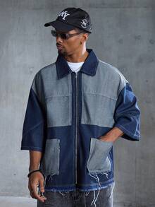 ROMWE MEN Street Life Áo khoác denim nam phối màu tương phản có túi, kiểu dáng thường ngày, đa năng, có khóa kéo. - Màu xanh lam - Xem 3