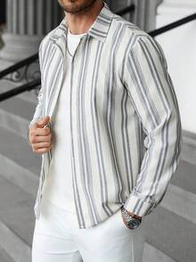 Manfinity Homme 男士条纹长袖单排扣休闲/商务衬衫 男士休闲衬衫 男士条纹衬衫 长袖衬衫 男士叠穿衬衫 男士休闲内搭衬衫 - 彩色 - 查看 3