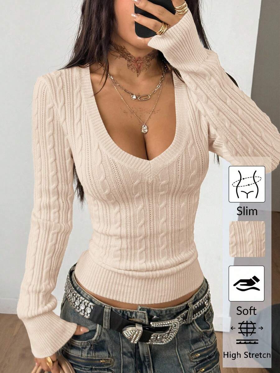 Coolane Áo len nữ mùa đông phong cách cổ điển Preppy Y2K, thích hợp mặc hàng ngày, đi chơi, dự tiệc thời Phục Hưng, dệt kim kiểu dây thừng, màu be, cổ chữ V. - Màu be - Xem 1