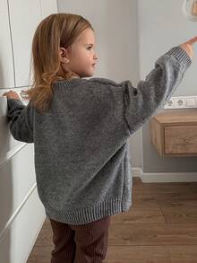 Dazy Kids Áo len dài tay dáng rộng họa tiết gấu hoạt hình cho bé gái, thích hợp mặc mùa thu/đông. - Xám - Xem 2