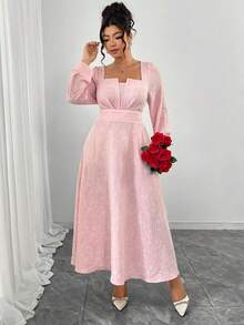 Elenzga Vestido Vermelho de Manga Longa Estilo A-Line para Mulheres Plus Size, Elegante Decote Quadrado com Busto Plissado 3D, Cintura Marcada, Mangas Bufantes, Namorada Sofisticada e Romântica, Festa do Dia dos Namorados, Ano Novo, Vestido Longo Rosa Plus Size