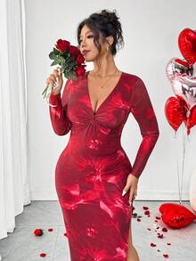 Elenzga 情人节加大码女式弹力网纱印花连衣裙，时尚优雅设计，交叉扭结V领，修身剪裁，开衩，适合日常、通勤、约会、派对和聚会等场合。 - 彩色 - 查看 6