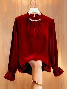 Franclia Camiseta ajustada de mujer color borgoña con botones de perla decorados y drapeado - Burdeos - Ver 1