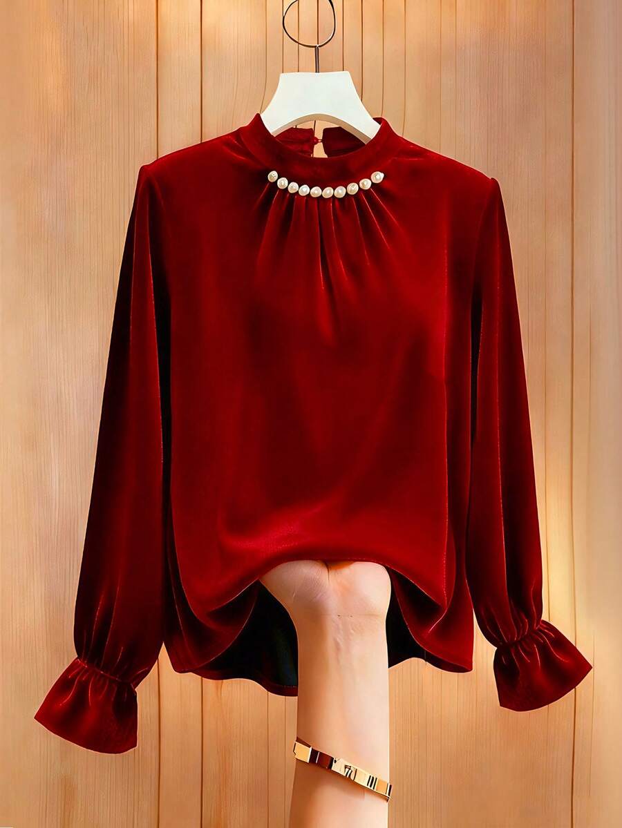 Franclia Camiseta ajustada de mujer color borgoña con botones de perla decorados y drapeado - Burdeos - Ver 1