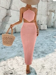 Breezaya 2pcs/Set Baju Rajut Kasual Musim Panas Model Halter Berongga Warna Polos untuk Liburan - Berwarna merah muda - View 4