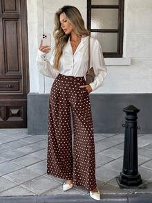 Pariaura 2025 Autumn/Winter New High-Waisted Slimming Women's Pants, Draping Digital Printed Wide Leg Loose Trousers. Beige Base With White Polka Dot Fabric, Soft And Skin-Friendly. Front Zipper Closure, Front Pleated Design, French Elegant And Versatile For Commuting. Women's Autumn/Winter New Wide Leg Pants, Women's Autumn/Winter New Trousers Wide Leg Pants Set Blouse And Pants Set Two Piece Set Women Pants Palazzo Pants Women Boho Pants - Coffee Brown - View 1