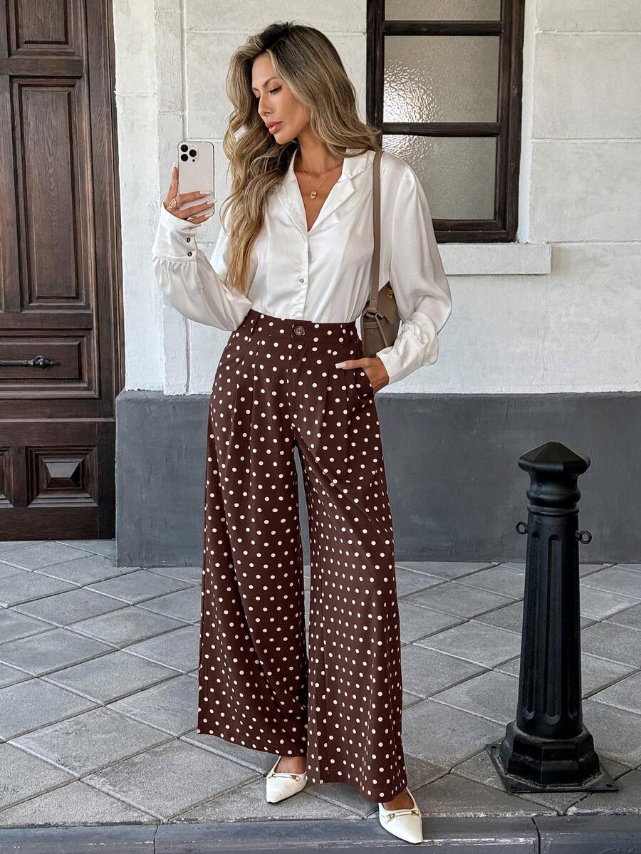 Pariaura 2025 Autumn/Winter New High-Waisted Slimming Women's Pants, Draping Digital Printed Wide Leg Loose Trousers. Beige Base With White Polka Dot Fabric, Soft And Skin-Friendly. Front Zipper Closure, Front Pleated Design, French Elegant And Versatile For Commuting. Women's Autumn/Winter New Wide Leg Pants, Women's Autumn/Winter New Trousers Wide Leg Pants Set Blouse And Pants Set Two Piece Set Women Pants Palazzo Pants Women Boho Pants - Coffee Brown - View 1