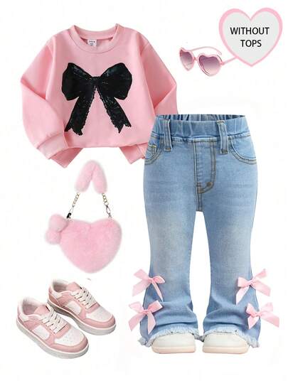 SHEIN Baby Girls' Cute  Pink Bow Accent Blue Denim Elastic Skinny Flare Pants,Spring Outfits, Summer Outfits,Casual And Fashionable Vacation Outfits,Street Wear,2000s Style  ,Comfortable And Soft Denim,Vacation Outfits,Vacation Bell Bottom