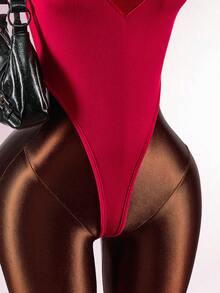 Amplova New Year & Valentine's Day Party, Date Occasion High Neck Tight Bodysuit With Cutout Heart Design, Sexy Red Bodysuit Women Sexy Body Suit