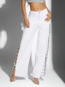 Denimoi Calça Branca Larga Feminina, Denim da Moda com Abertura Vazada na Perna, Bolsos Decorados com Strass, Roupas Femininas de Outono, Looks de Outono. Para Uso Diário, Sair, Concertos, Festivais - Branco - Visão 8