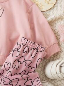 Conjunto de sudadera de manga larga con estampado de corazón y pantalones de cintura elástica para bebé niña recién nacida - Rosa - Ver 6