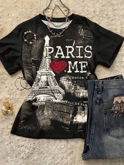 Glimmora Y2K Women Paris Eiffel Tower Letter Print Casual Comfortable Round Neck Short Sleeve T-Shirt, Suitable For Daily Gatherings