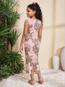 SHEIN 青少年女孩休闲豹纹花卉印花修身无袖长裙