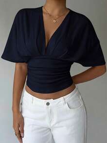 Aloruh 杏色深V褶皱短袖紧身下摆女式T恤 - 藏蓝色 - 查看 4