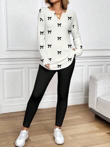 SHEIN LUNE 女士蝴蝶结撞色长袖T恤和打底裤两件套，秋冬季休闲装 - 彩色 - 查看 2