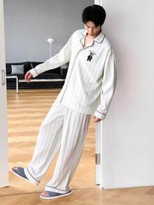 DAZY Men's Letter Pattern Jacquard Beige Shirt & Pajama Set, Spring/Autumn - Beige - View 6