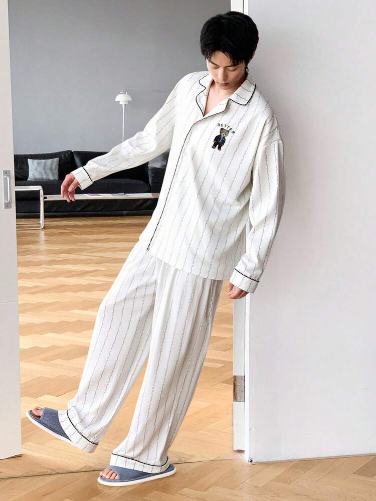 Men's Letter Pattern Jacquard Beige Shirt & Pajama Set, Spring/Autumn