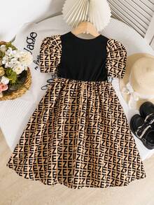 SHEIN Vestido de niña joven lindo con estampado geométrico, empalme, manga corta, unicolor y largo medio - Multicolor - Ver 5